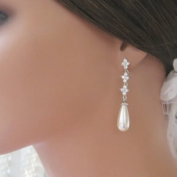 Long Cubic Zirconia Post Stud Earrings With Pearl Drops Nadri Style - Picture 5 of 7